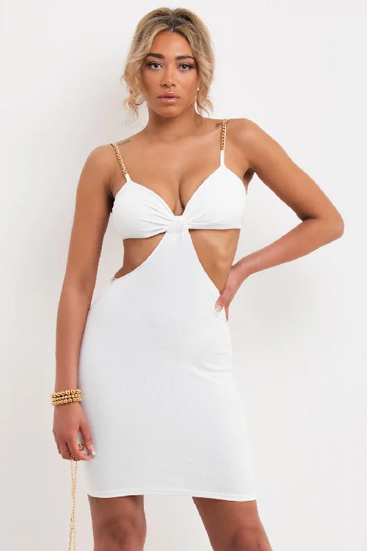 Cut Out Chain Strap Ribbed Mini Bodycon Dress White