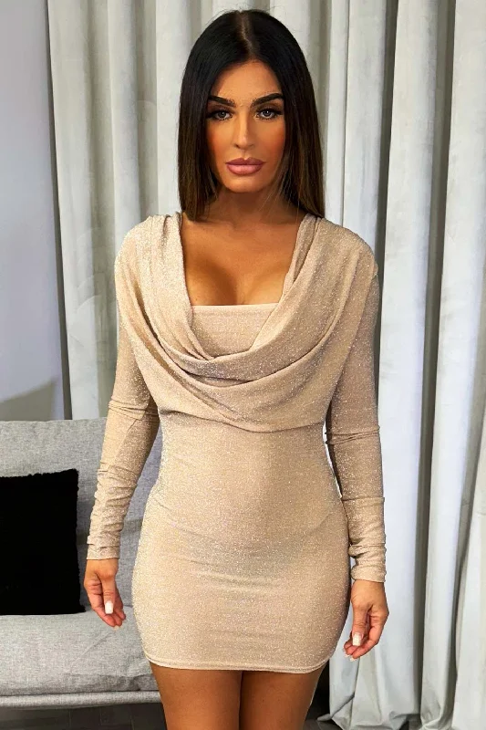 Lurex Long Sleeve Cowl Neck Dress Beige