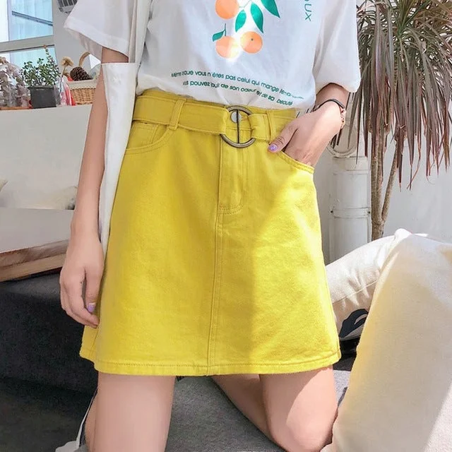 5 Colors Women's Skirt Summer High Waist Skirts Womens Casual Korean A-line Mini Skirt Harajuku Minimalism Denim Skirt With Belt