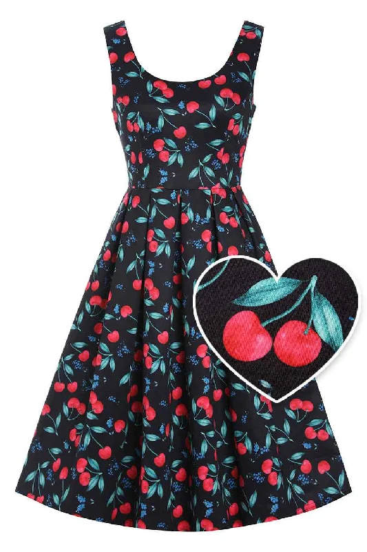 Amanda Red Cherry Pleated Circle Dress In Black