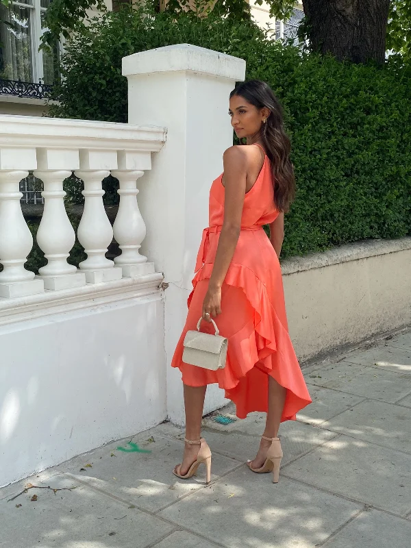 Ariana Halter Frill Dress / Coral