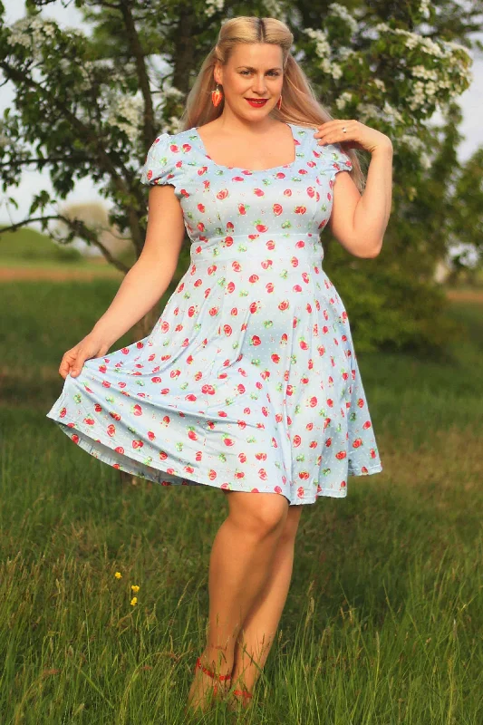 Claudia Baby Blue Swing Dress with Strawberries & Dots