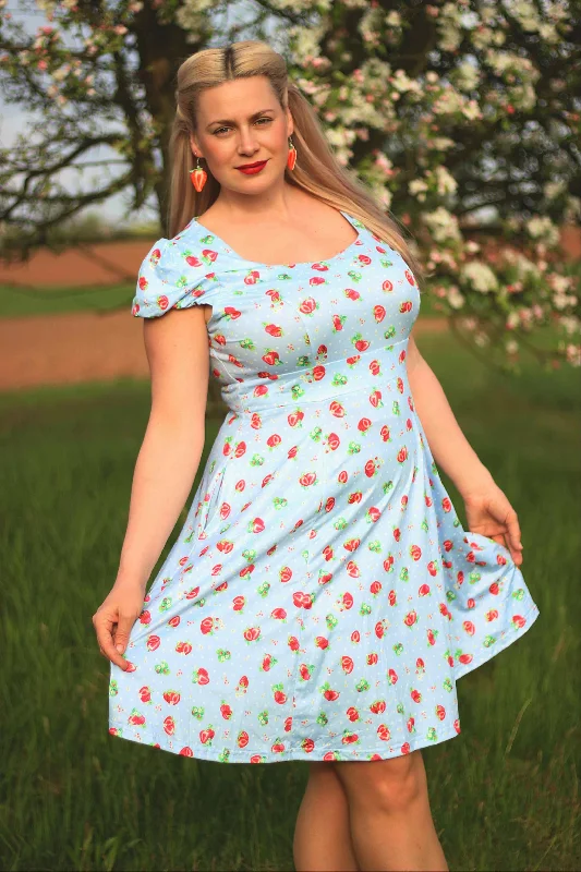 Claudia Baby Blue Swing Dress with Strawberries & Dots