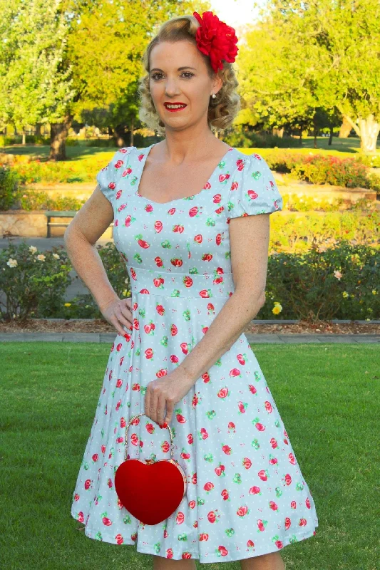 Claudia Baby Blue Swing Dress with Strawberries & Dots