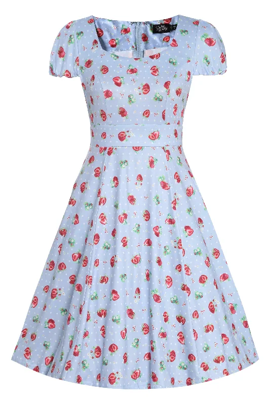 Claudia Baby Blue Swing Dress with Strawberries & Dots