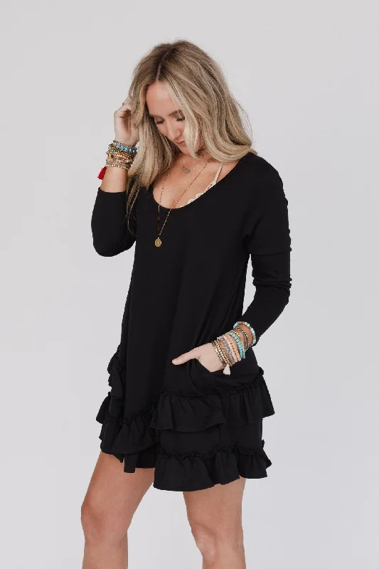 Constance Ruffle Hem Long Sleeve Dress - Black