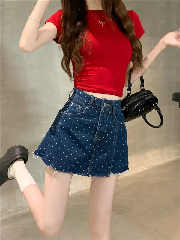 Polka Dot Summer Korean Fashion Pockets Waist Vintage Raw Skirt