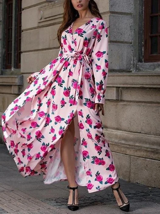 Floral Printed V Neck Long Sleeve Split Hem Maxi Dress