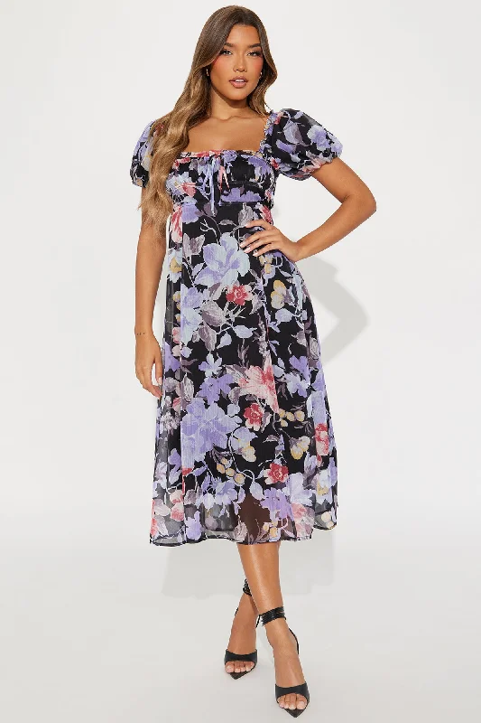 Gemma Floral Midi Dress - Black/combo