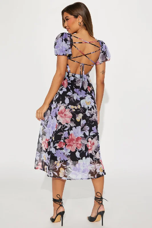 Gemma Floral Midi Dress - Black/combo