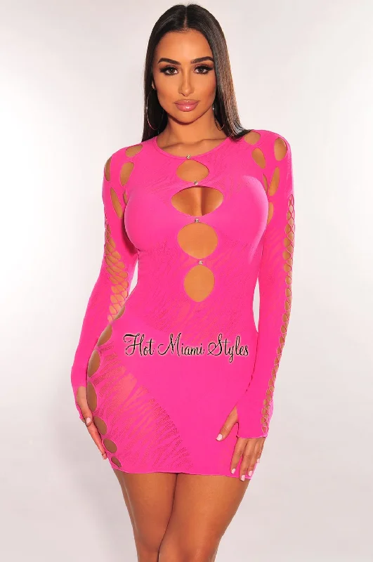 Hot Pink Rhinestone Cut Out Long Sleeve Seamless Dress