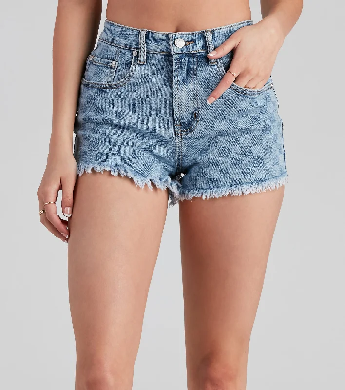 In Check High Rise Denim Mom Shorts