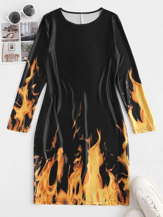 Long Sleeve Hot Flame Print Mini Dress