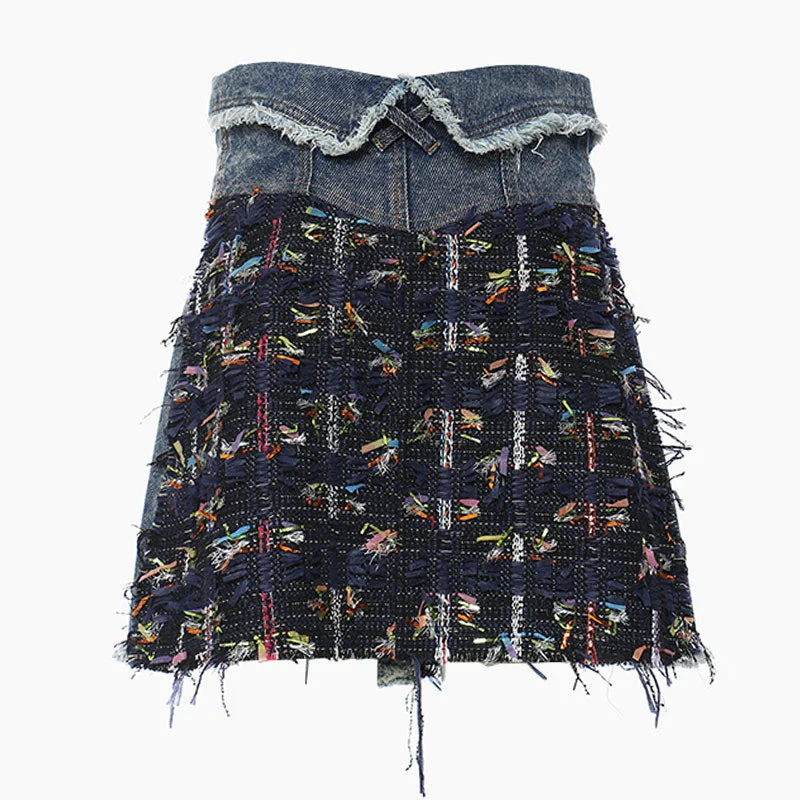 Luxury Button Front Foldover High Rise A-line Tweed Denim Mini Skirt