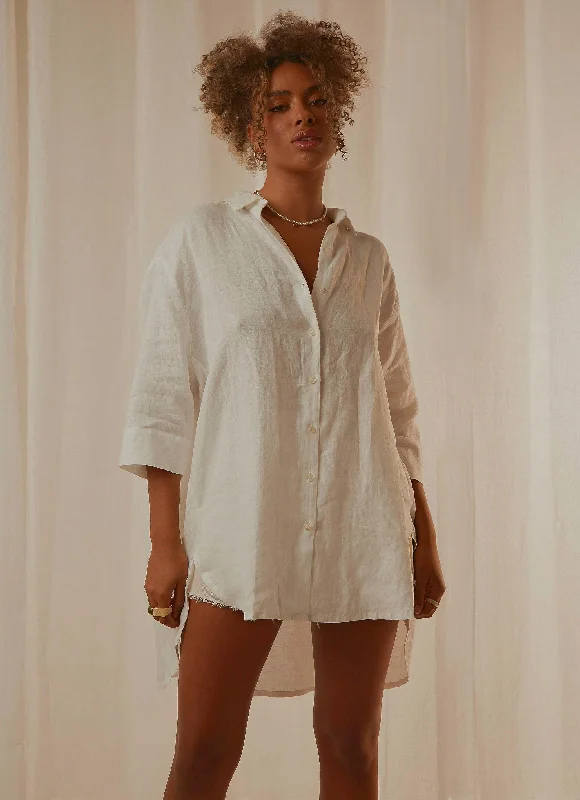 Nude Linen Lounge Shirt Dress - White