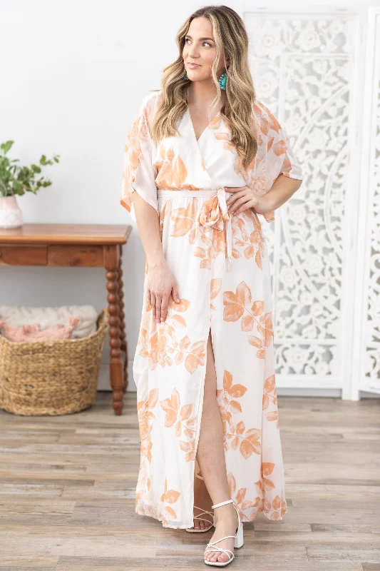 Peach Floral With Adjustable Belt Maxi Dress