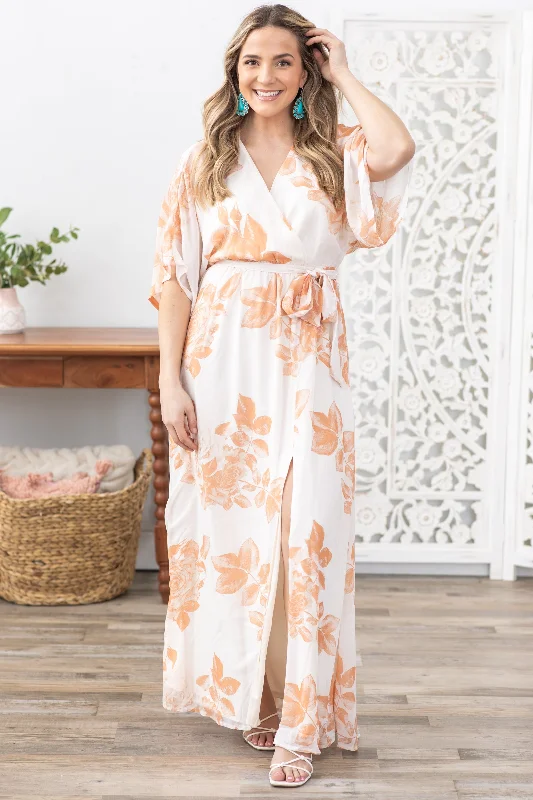 Peach Floral With Adjustable Belt Maxi Dress