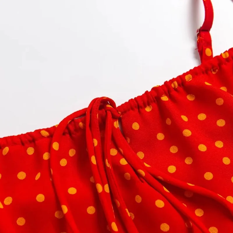 Sexy Tie Neck Smocked Sleeveless A Line Polka Dot Print Midi Sundress