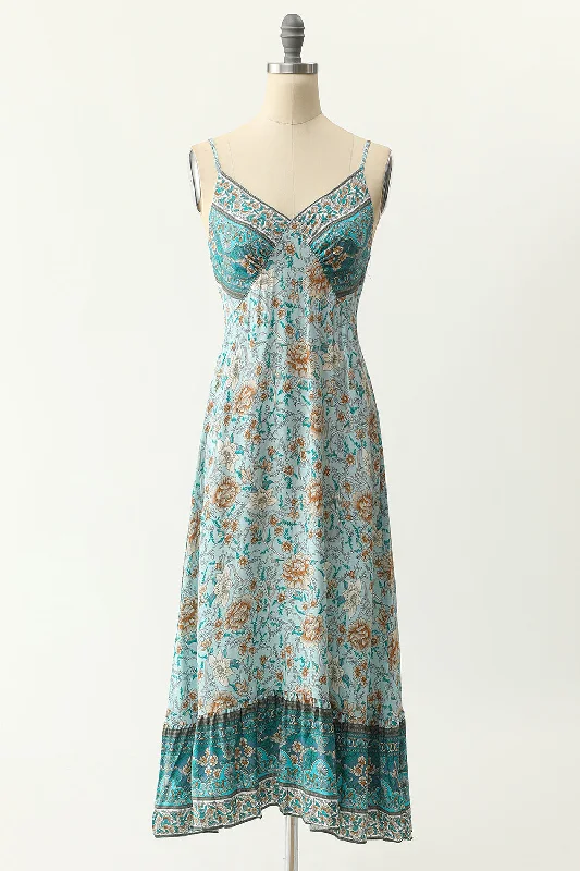 Spaghetti Straps Blue Bohemia Style Dress