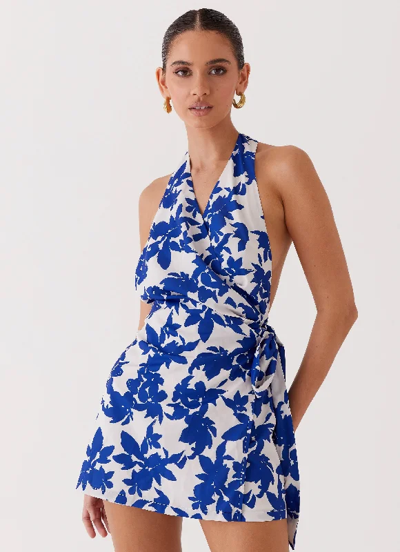 Street Blues Wrap Mini Dress - Blue Floral