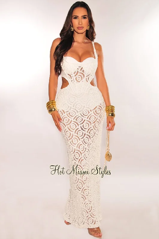 White Crochet Spaghetti Strap Padded Boned Underwire Cut Out Maxi Dress