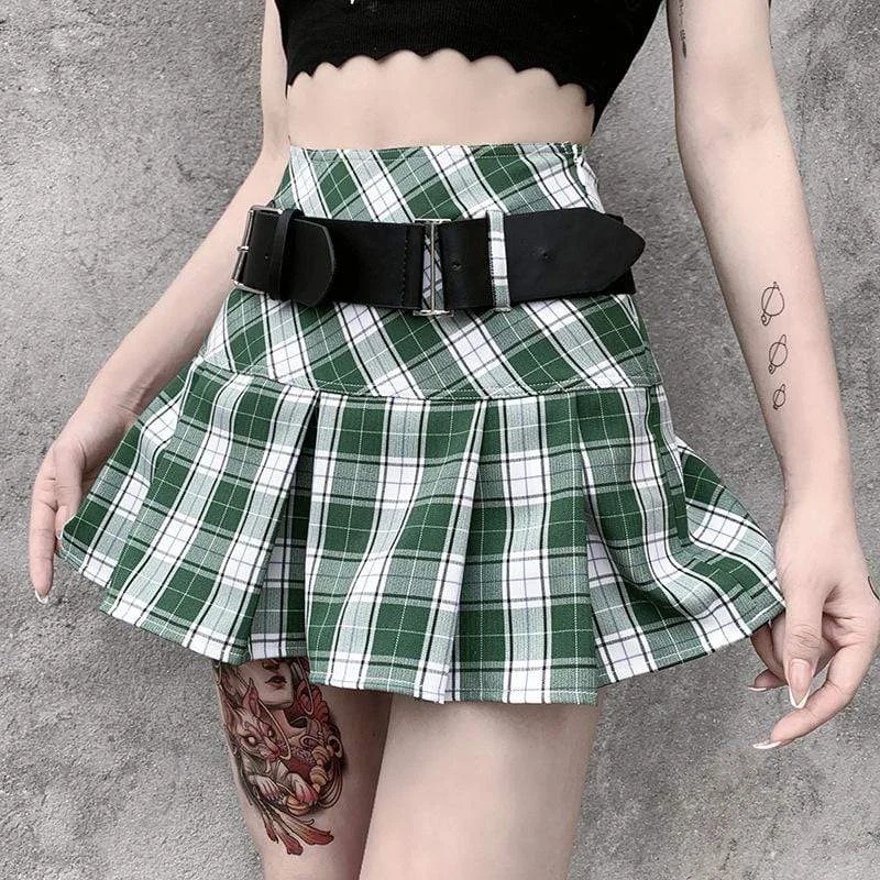 Women's Gothic Contrast Color Plaid Pleated Skirts Green