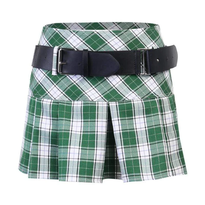 Women's Gothic Contrast Color Plaid Pleated Skirts Green