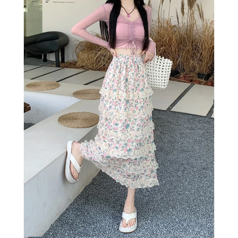 Women's Kawaii Lace Splice Floral Skirt