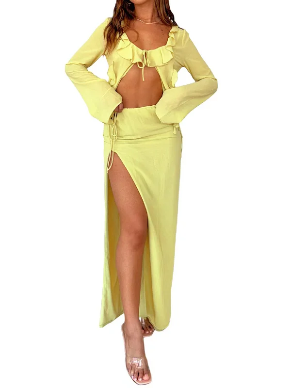 Znbbw Green Two-Piece Skirt Suits Elegant Fashion Long Sleeve Ruffled U Neck Tie-up Tops+Wrapped Long Split Skirt Party Sets