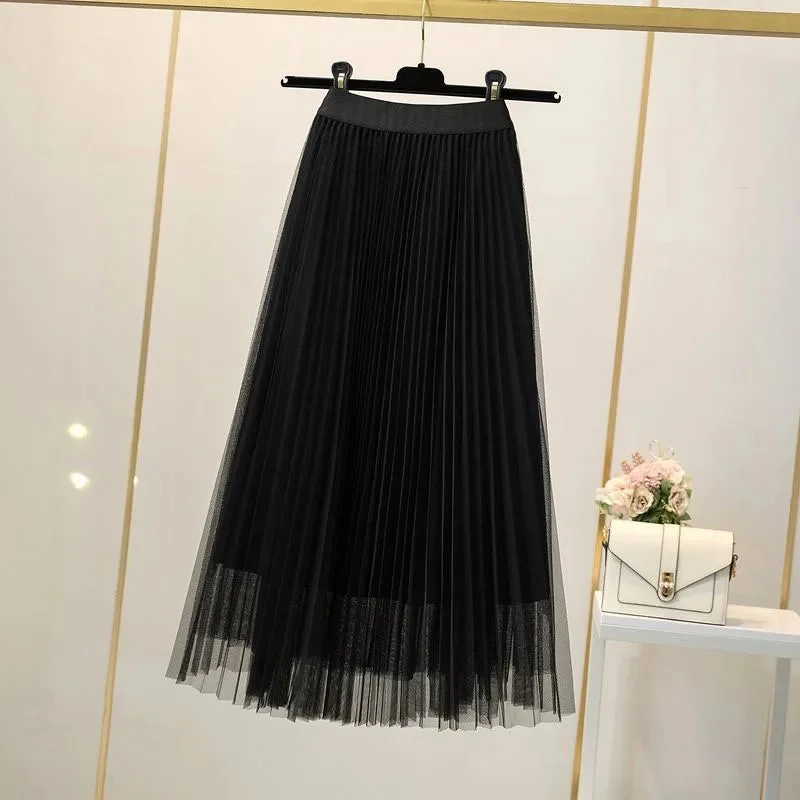 Znbbw Women Elegant Solid Tulle Skirt Fashion Korean Mesh Pleated A Line Skirt Lady Summer Chic High Waist All-Match Party Midi Skirts