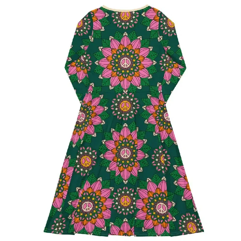 BLOOM WITH PEACE pink green - Midi dress with long sleeves and handy pockets