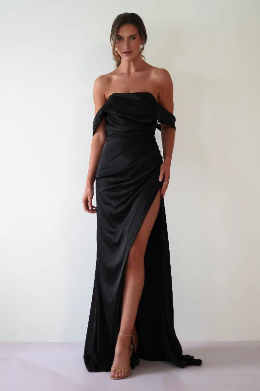 Beth Draped Silky Satin Gown | Black