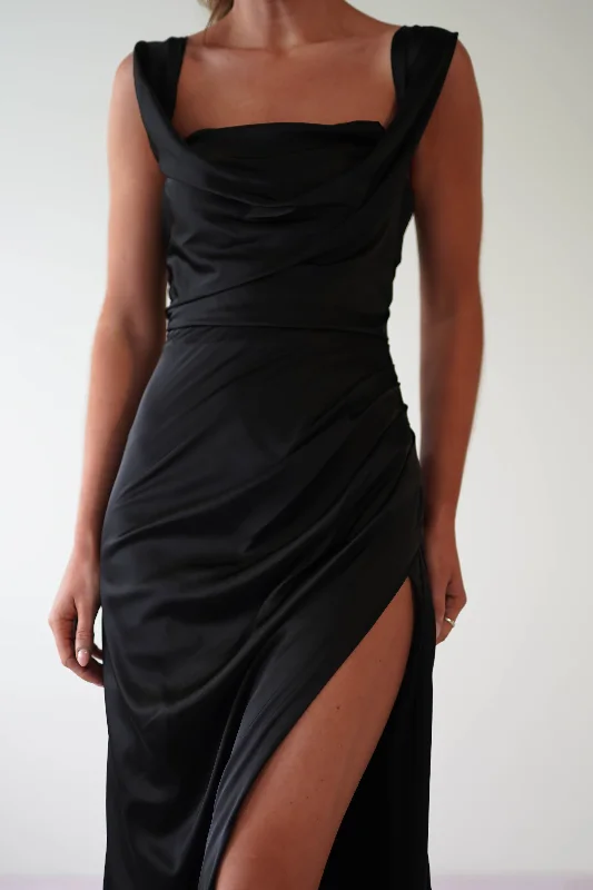 Beth Draped Silky Satin Gown | Black