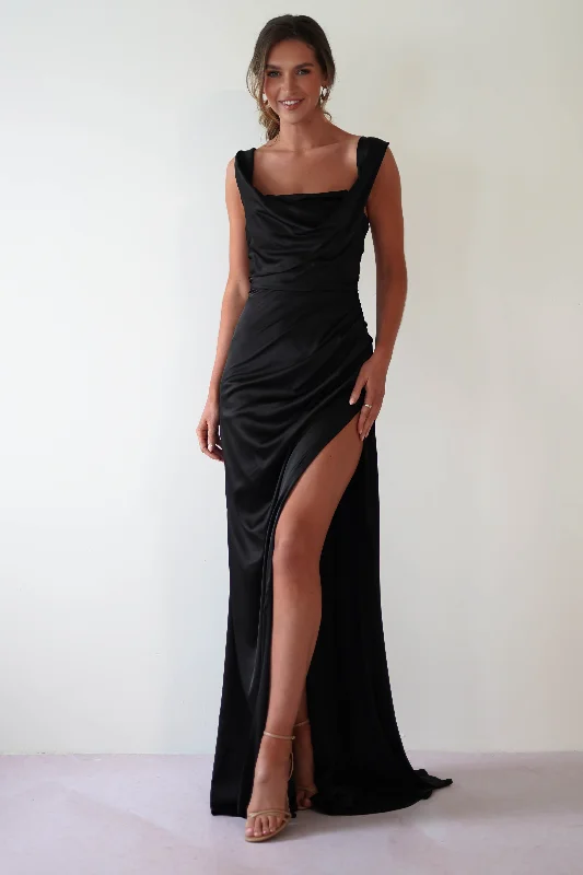 Beth Draped Silky Satin Gown | Black