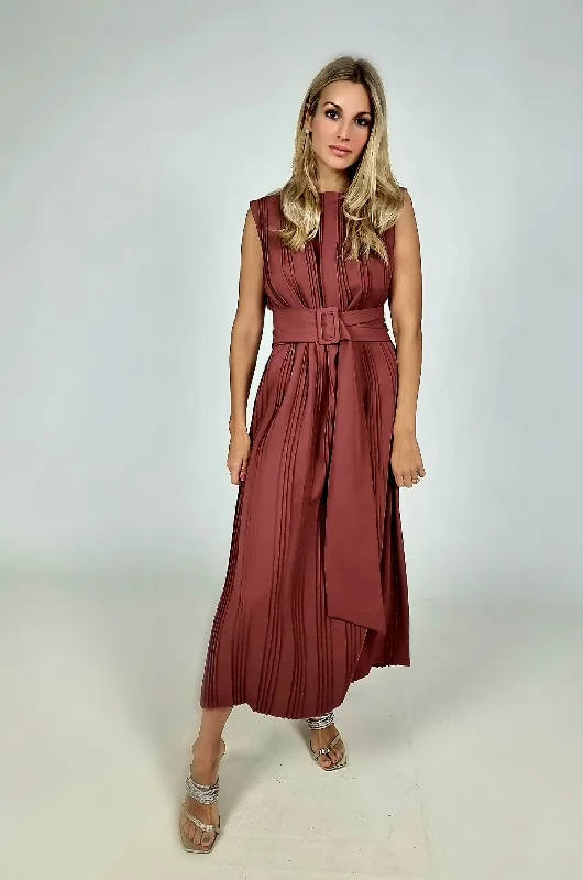 Birelin Rust Belted Waist Pleated Midi Dress