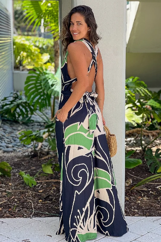 Black And Green Printed Maxi Dress With Pockets