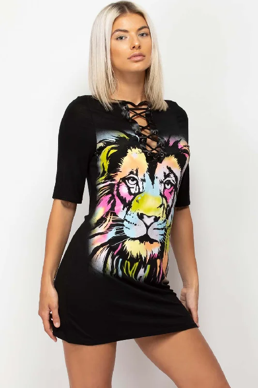 Black Tiger Print T Shirt Dress With Lace Up Front