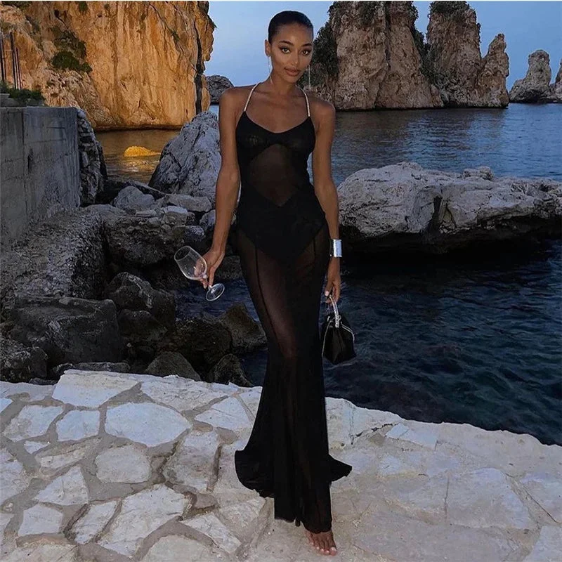 See Through Halter Sleeveless Black Backless Square Collar Slim Maxi Dress