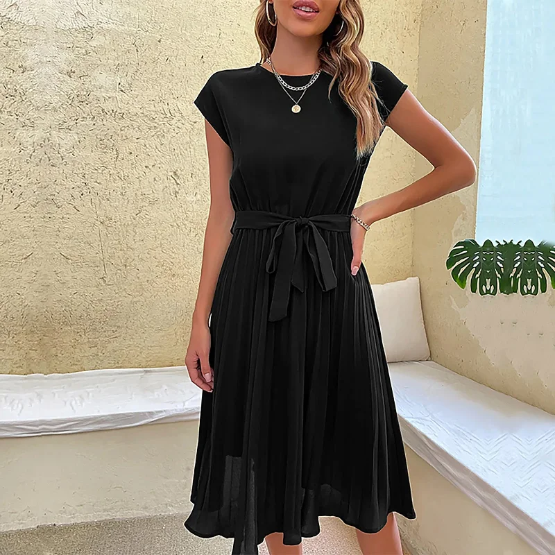 For Women 2024 Ruffle Hem Flowy Belted Short Sleeve Round Collar Woman Clothing Free Shipping Midi Dress