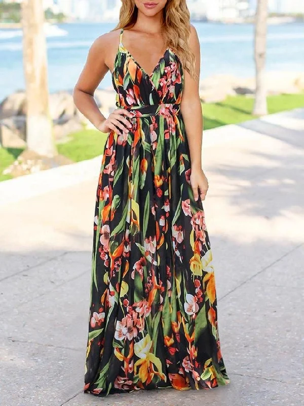 Fashion V-neck Bohemian Floral Sling Long Skirt for Women