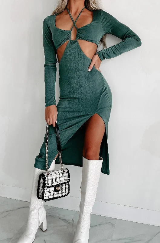 Got Your Attention Long Sleeve Cut-Out Midi Dress (Teal Green)