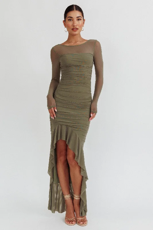 Jozelle Long Sleeve Ruched Maxi Dress Olive