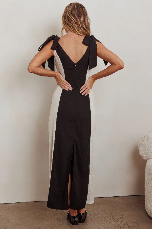 Kiss City Tied Shoulders Contrast Maxi Dress Black/Oat