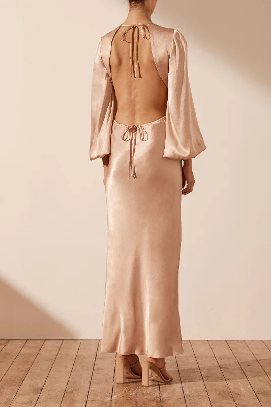 LA LUNE OPEN BACK BALLOON SLEEVE MIDI DRESS - DESERT ROSE