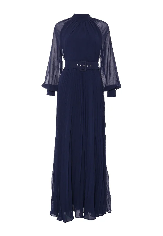 Mabel Navy Belted Pleated Long-Sleeve Maxi-Dress