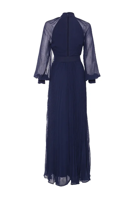 Mabel Navy Belted Pleated Long-Sleeve Maxi-Dress