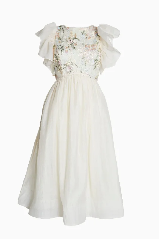 Millie Pastel Flower Lace Binding detail Ruffle Sleeves Midi Dress