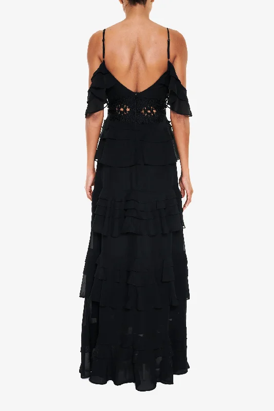 Olivia Black Cold-Shoulder Tiered Ruffle Maxi-Dress