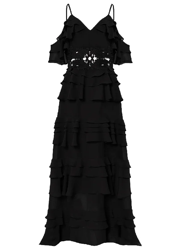 Olivia Black Cold-Shoulder Tiered Ruffle Maxi-Dress