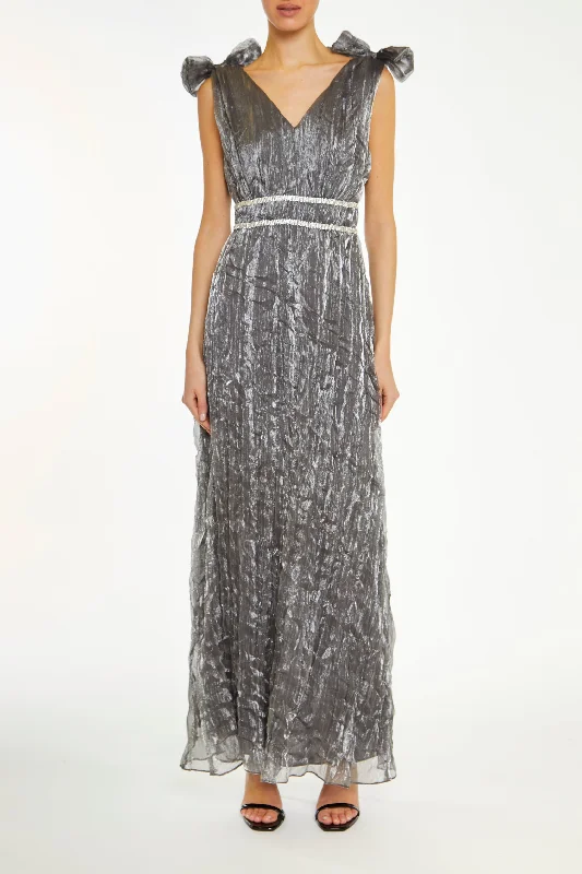 Leia Petrol Crinkle Organza Bow Shoulder Maxi Dress